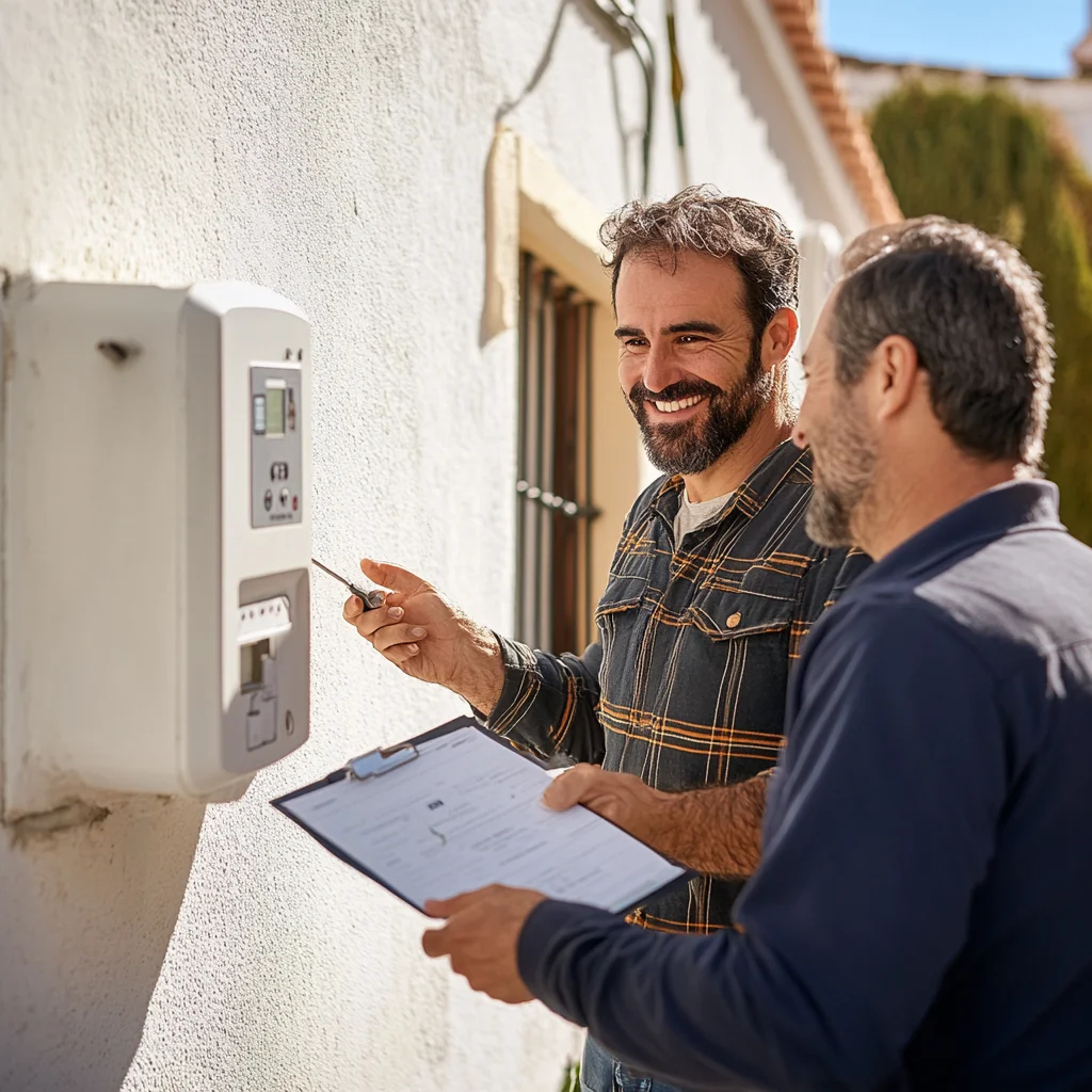 cliente y técnico revisando un contador de gas durante el cambio de comercializadora